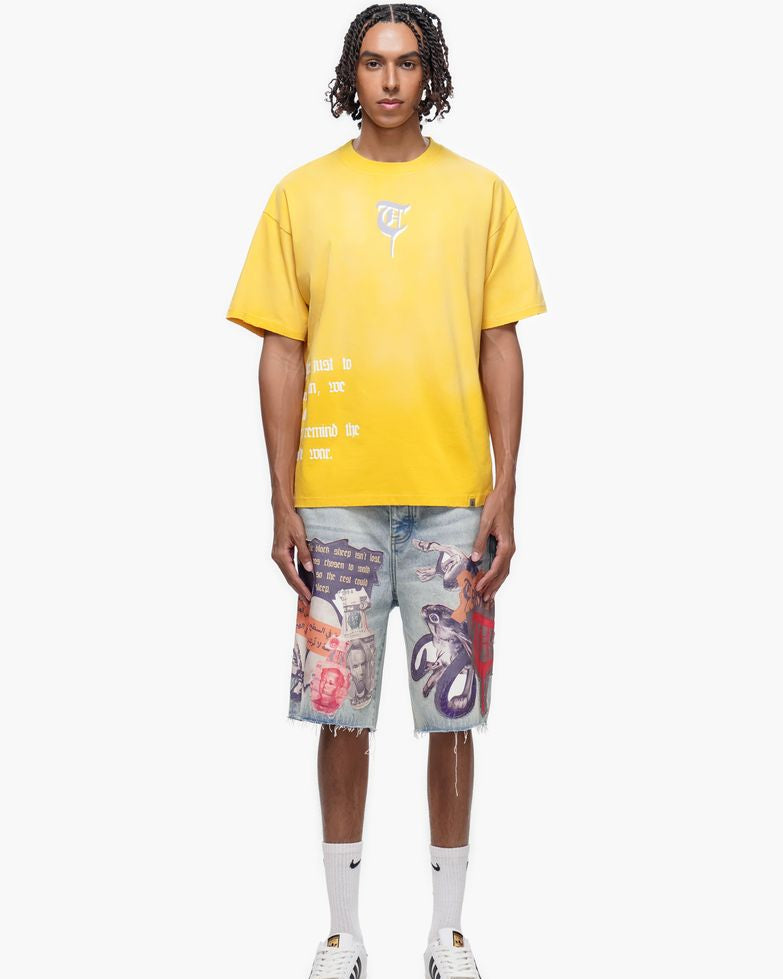 Person wearing a yellow t-shirt and colorful shorts on a white background