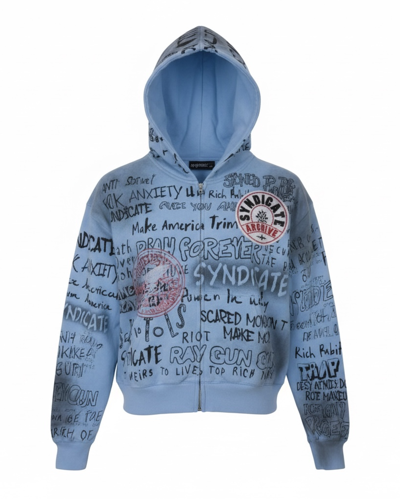Light blue hoodie with text and logo on a white background