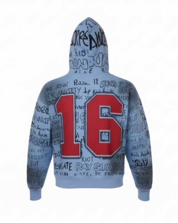 Hoodie with red number 16 and text design on a white background