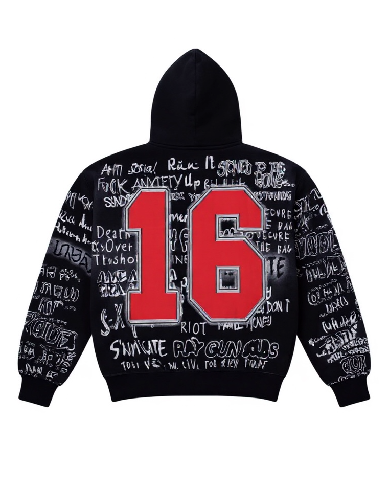 Black hoodie with red number 16 and white text on a white background