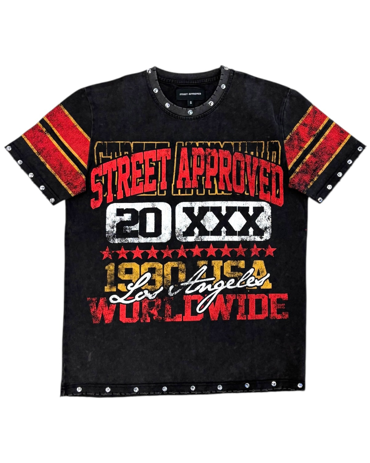 Black t-shirt with red and white text and graphics on a white background