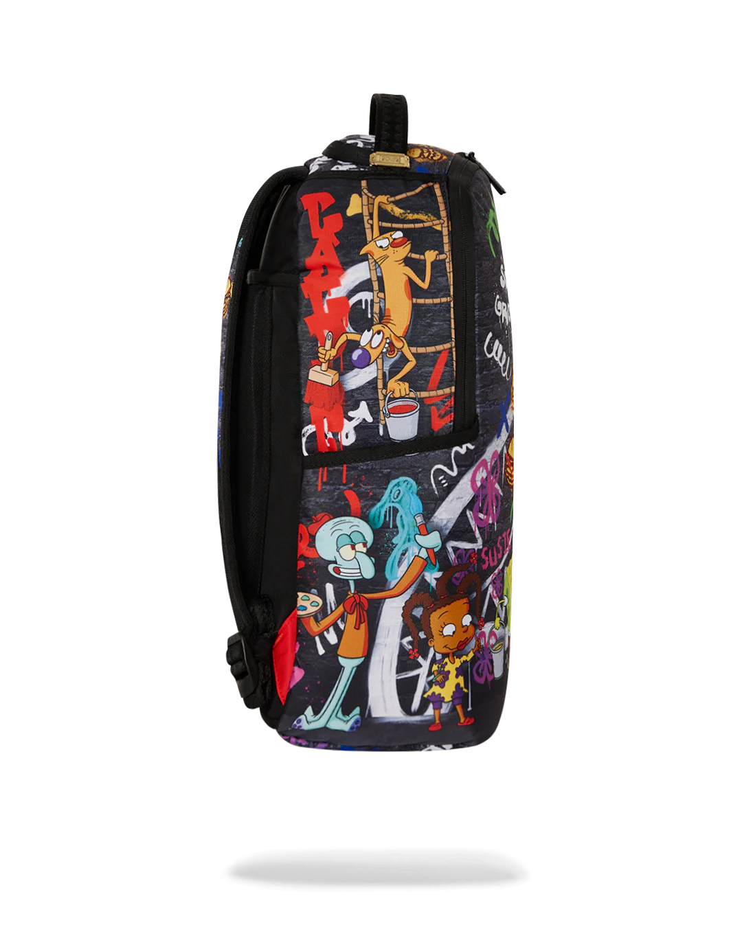 sprayground backpack showcasing various 90s nicktoons characters and graffiti designs