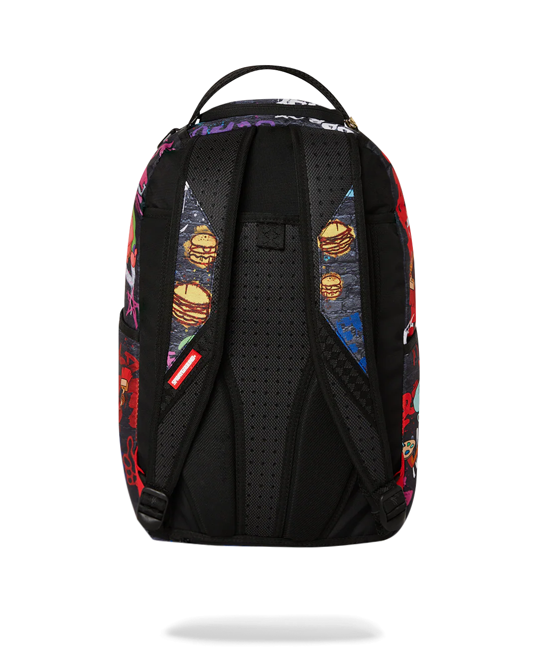 sprayground backpack showcasing various 90s nicktoons characters and graffiti designs