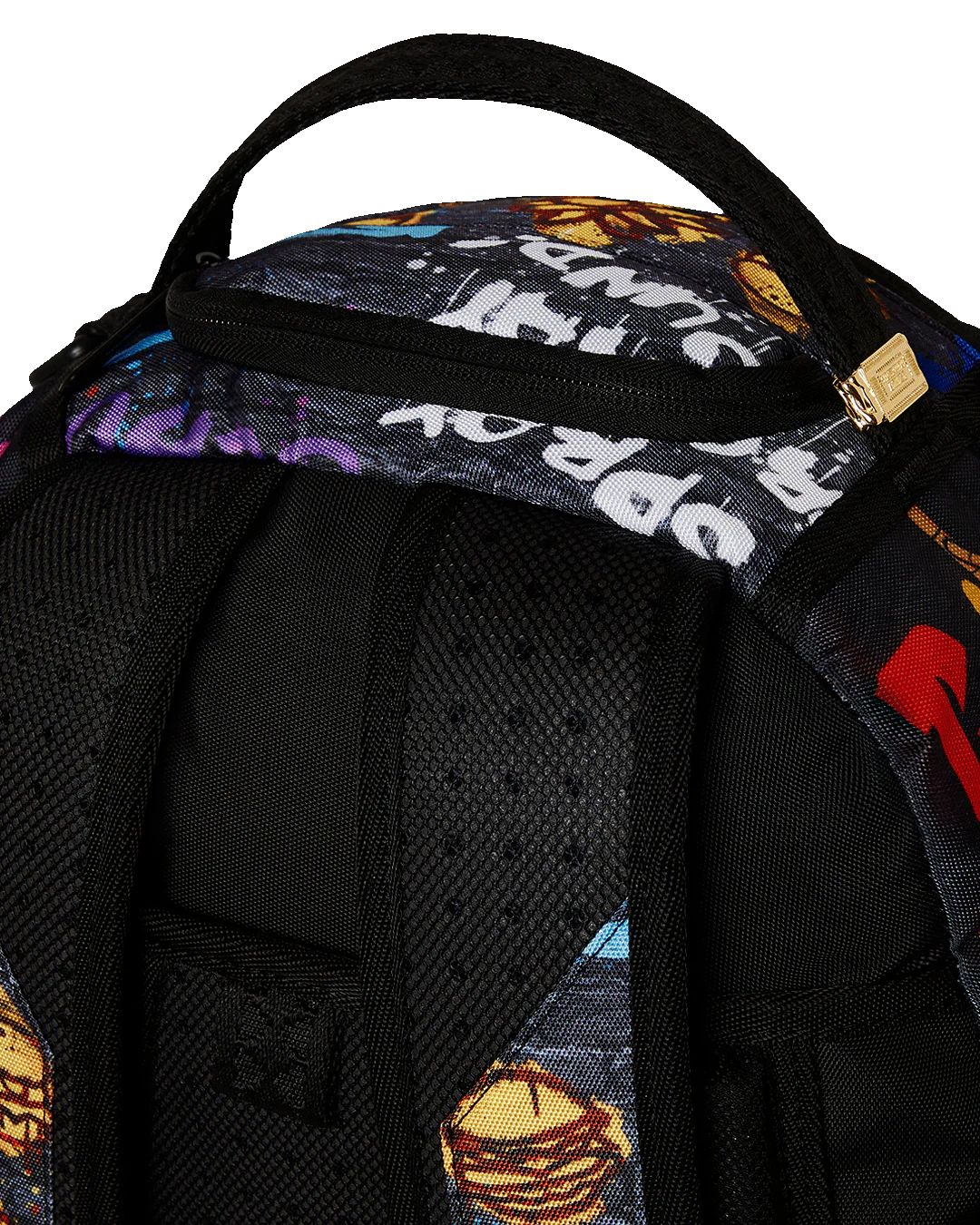sprayground backpack showcasing various 90s nicktoons characters and graffiti designs