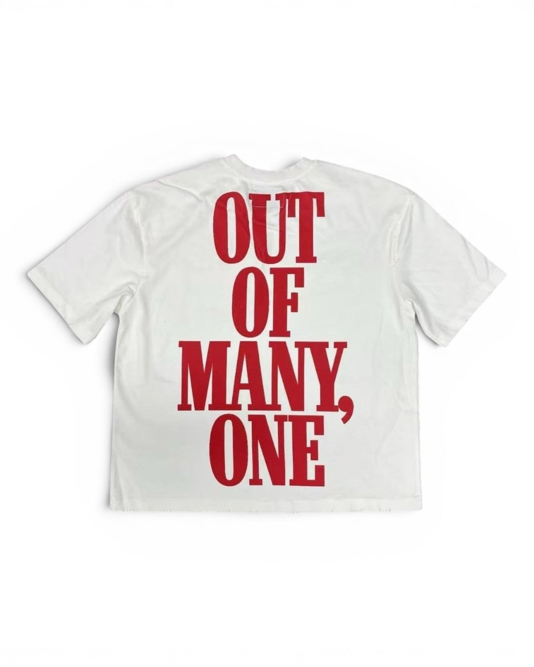 White t-shirt with red text 'OUT OF MANY, ONE' on a white background