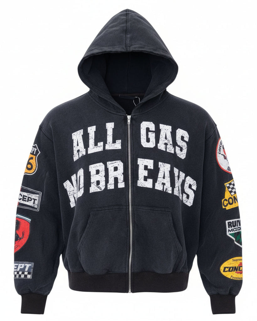 Black hoodie with 'All Gas No Breaks' text and racing-themed patches on a white background