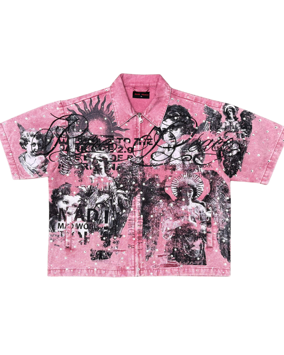 Pink denim shirt with black graphic designs on a white background