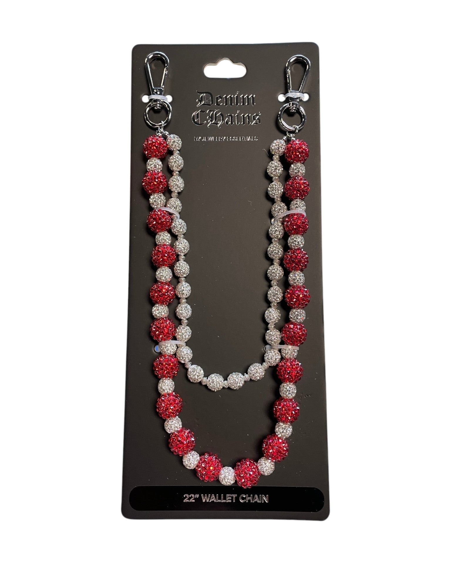 Red and silver beaded wallet chain on a black card with 'Platinum Chains' branding.