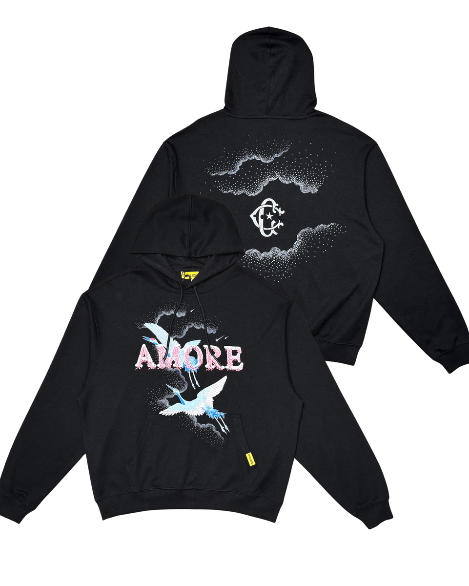 Black hoodie with 'AMORE' design on front and abstract patterns on back, displayed from front and back views.
