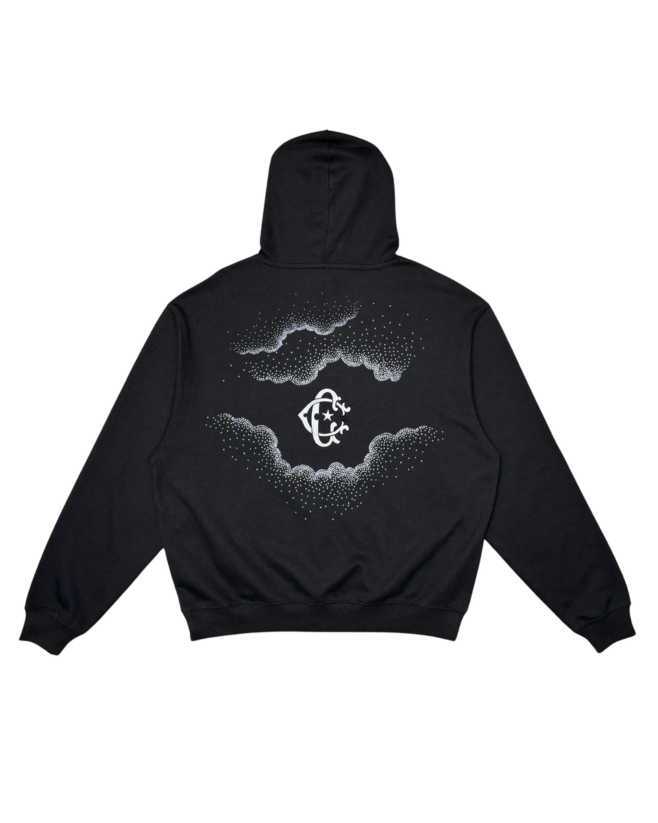 Black hoodie with a cloud design and logo on the back against a white background