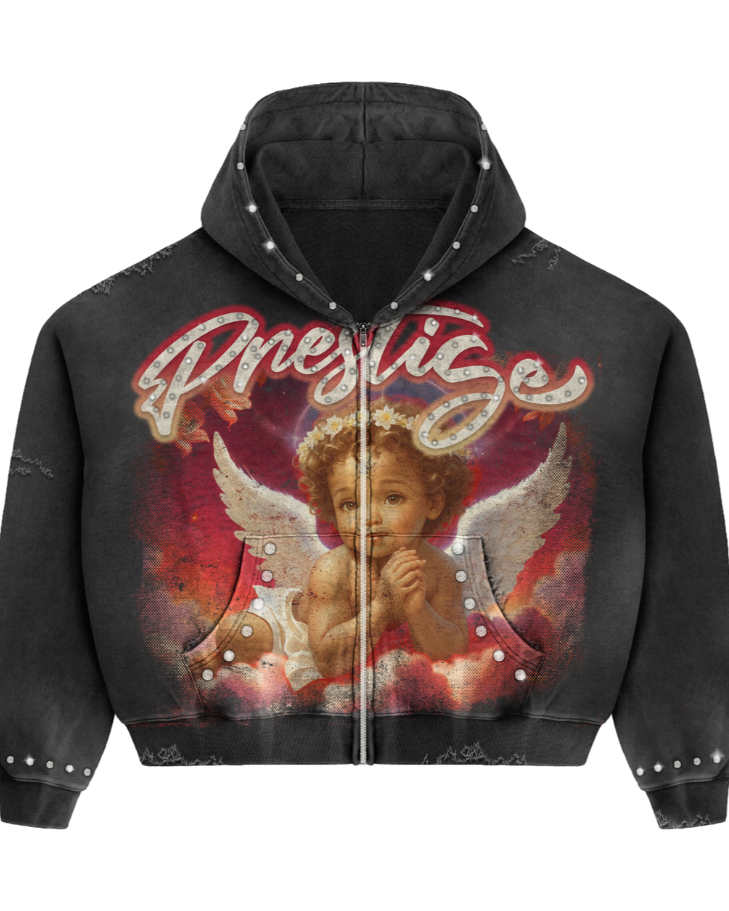 Black hoodie with angel graphic and 'Prestige' text on a white background
