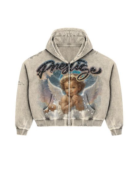 Gray hoodie with angel graphic and 'PRESTIGE' text on a white background