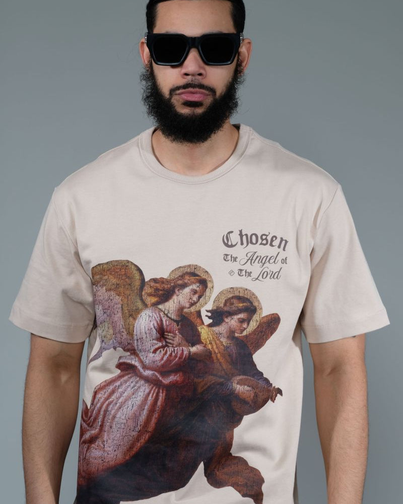 Latte Angel of the Lord Tee by Chosen featuring full angel print with gothic Chosen branding