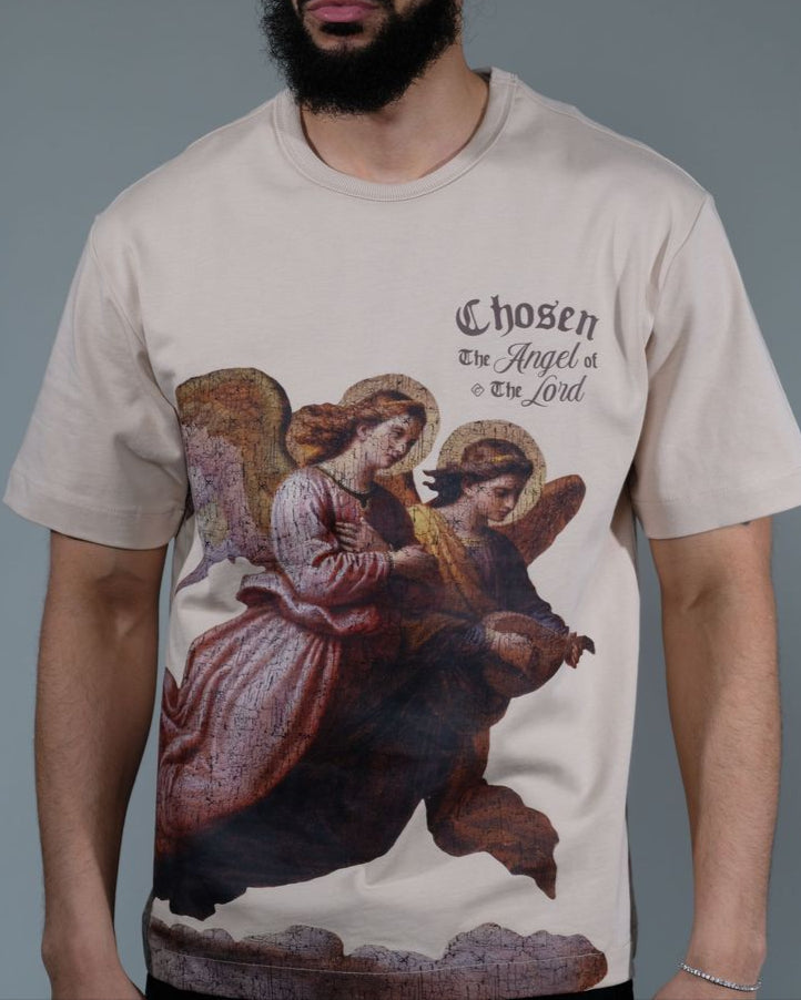 Latte Angel of the Lord Tee by Chosen featuring full angel print with gothic Chosen branding