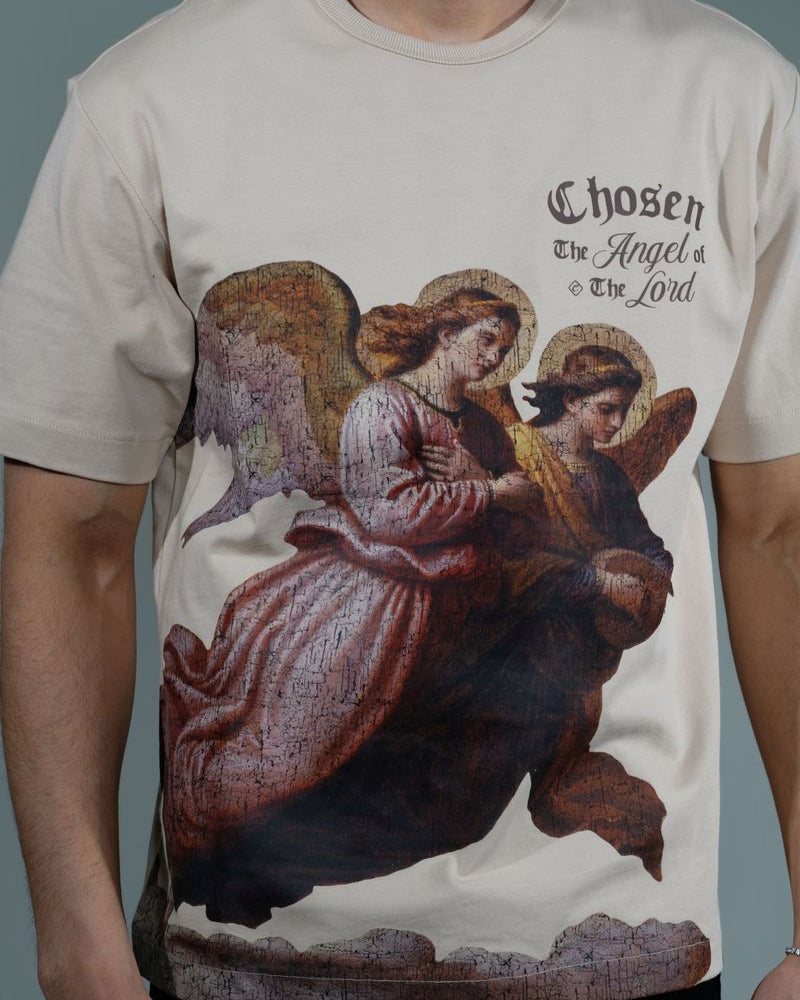 Latte Angel of the Lord Tee by Chosen featuring full angel print with gothic Chosen branding