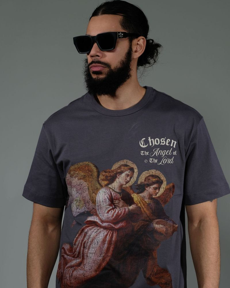 Slate Angel of the Lord Tee by Chosen with printed double angel graphic and bold spiritual message