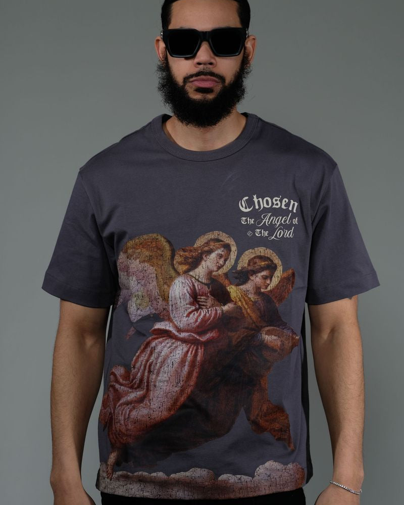 Slate Angel of the Lord Tee by Chosen with printed double angel graphic and bold spiritual message