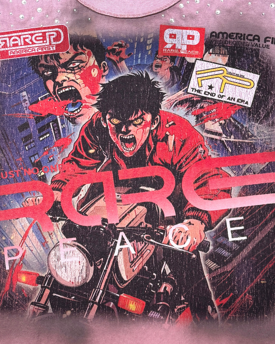 Illustration of a character on a motorcycle with 'RARE' branding and text in the background.