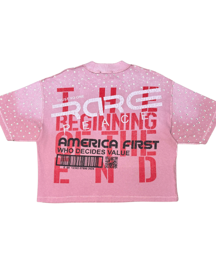 Pink t-shirt with text design on a white background