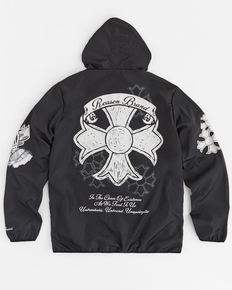 Black jacket with white graphic design on a white background