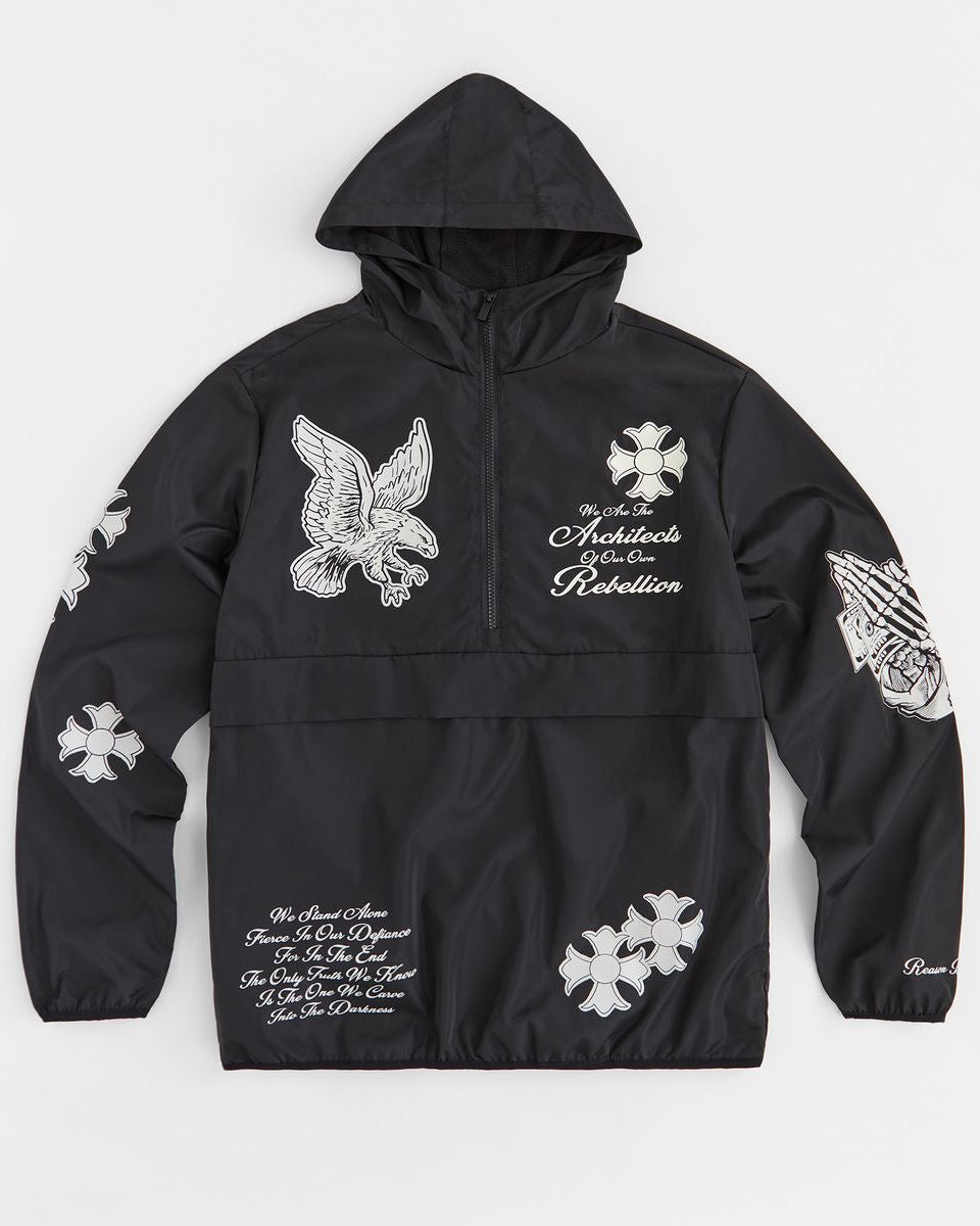 Black hooded jacket with white designs and text on a white background