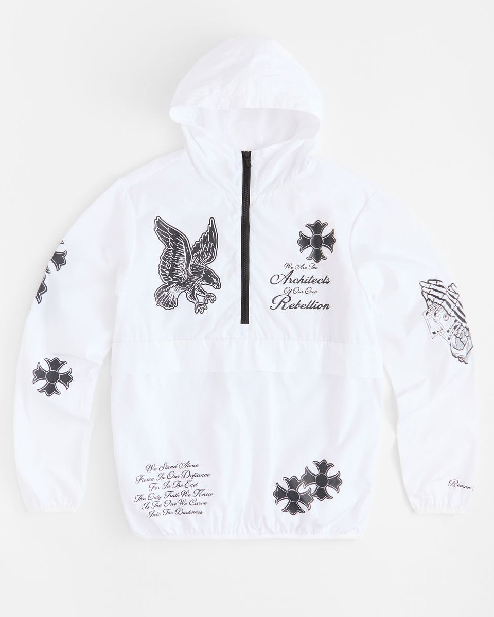 White hoodie with black designs and text on a white background