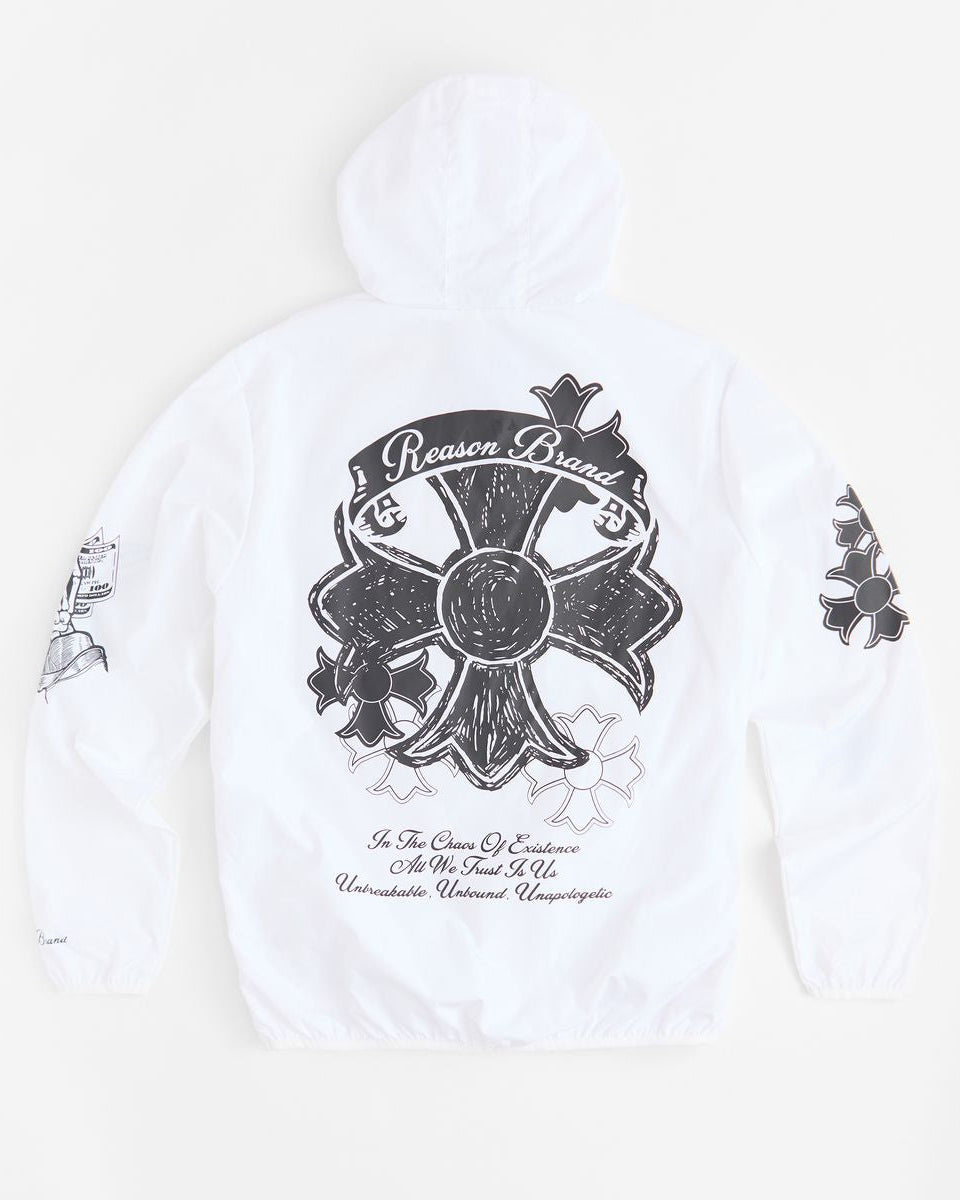 White hoodie with black graphic design on a white background