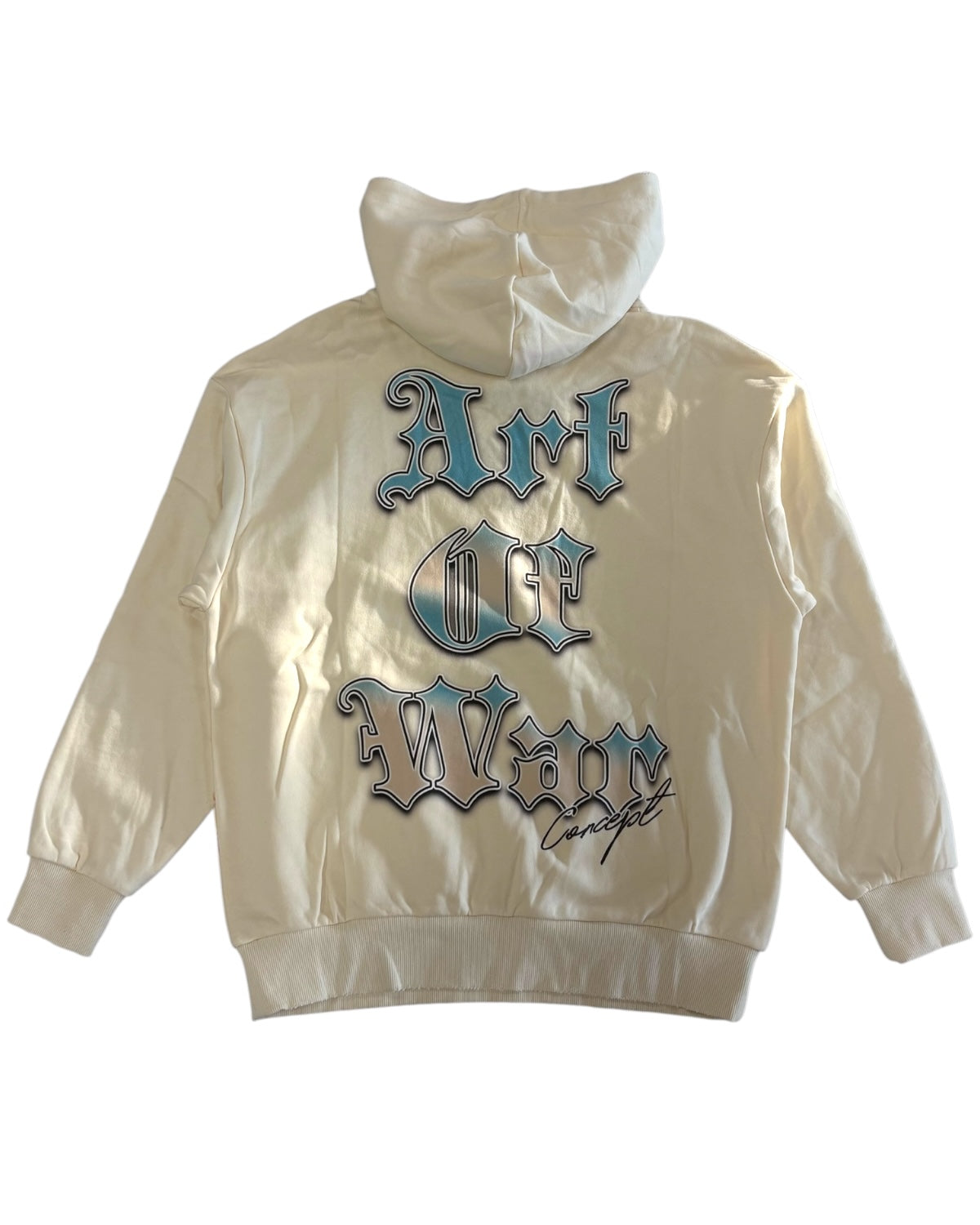 Beige hoodie with decorative text on a white background