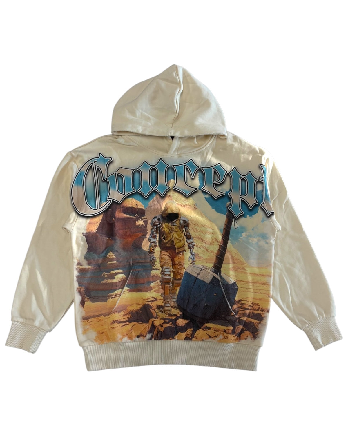 Beige hoodie with graphic design of a desert scene and text on a white background