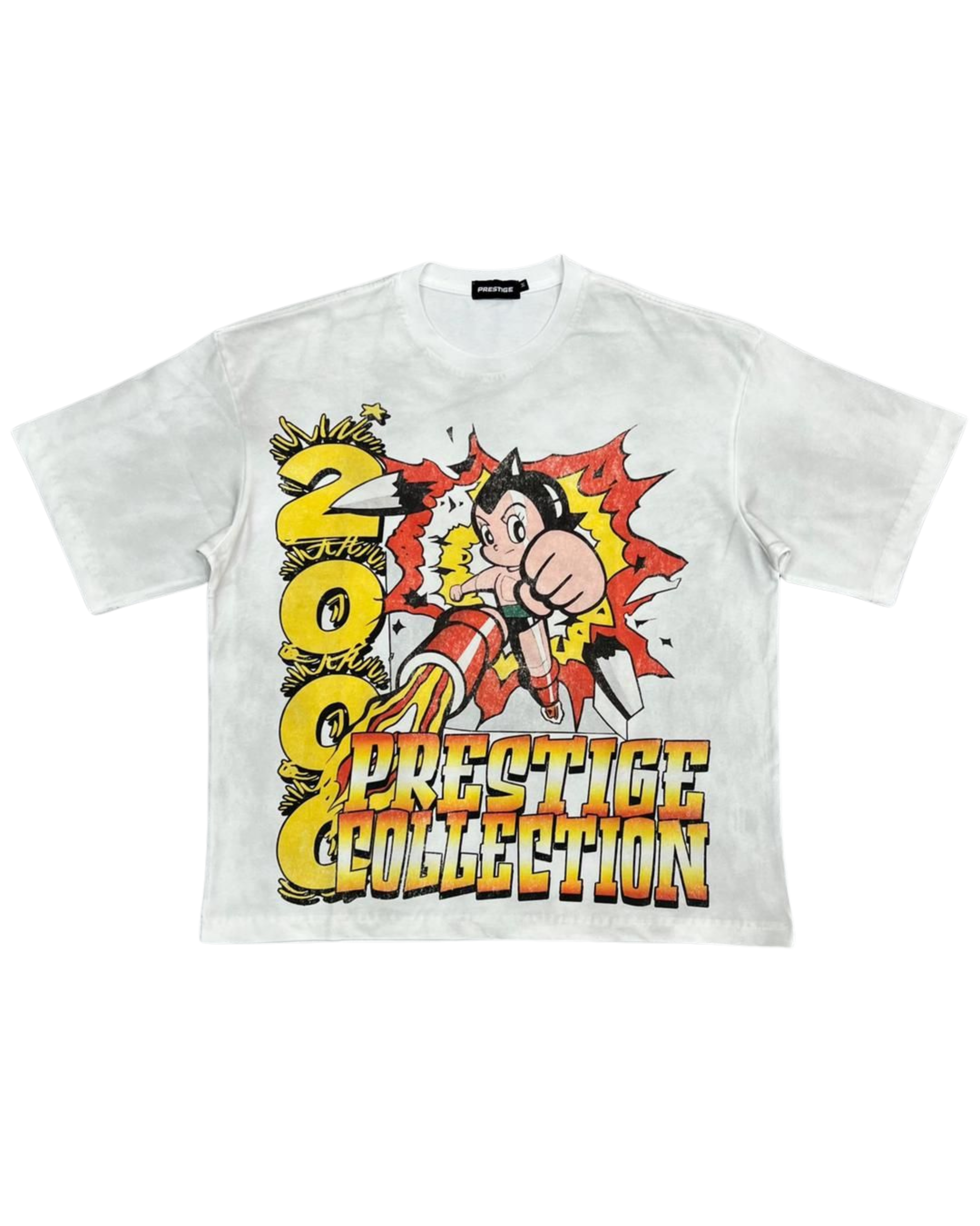 White t-shirt with colorful graphic design featuring a character and text on a white background