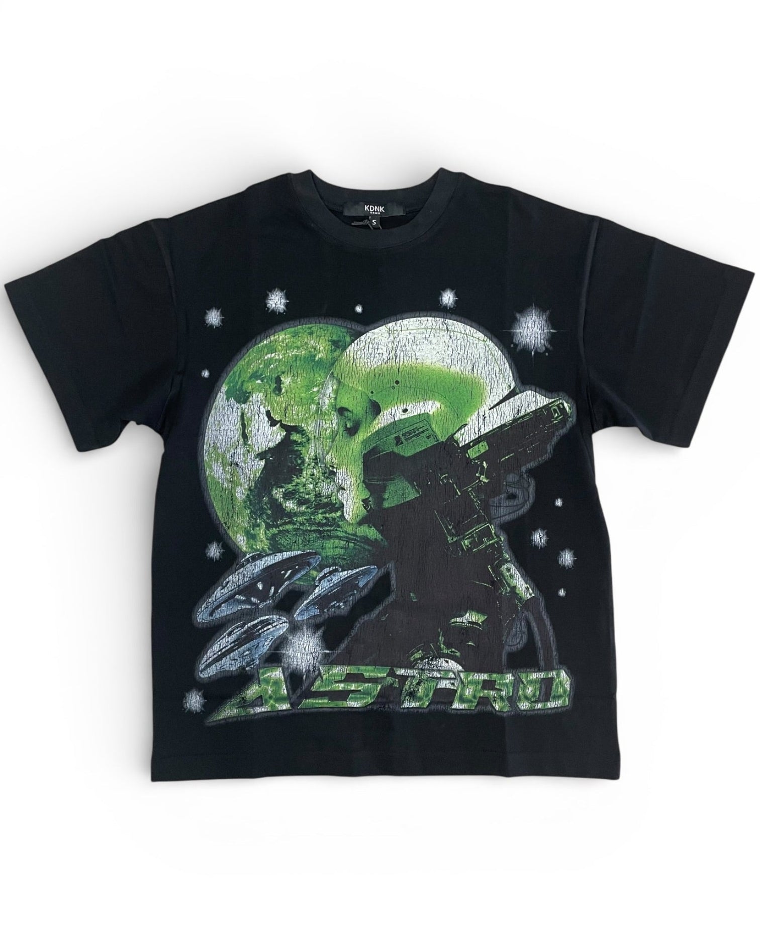 Black t-shirt with green graphic design on a white background