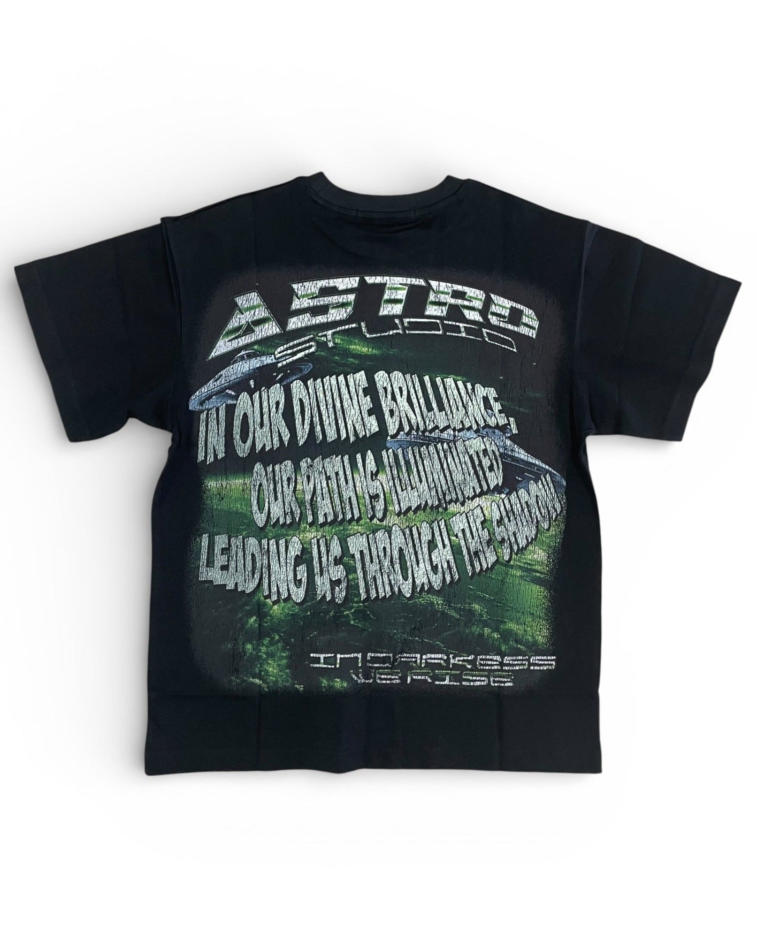 Black t-shirt with graphic design and text on a white background