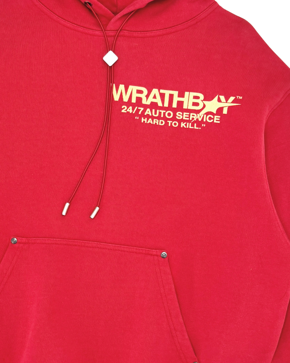 Red hoodie with 'Wrathbay' logo and text on a white background