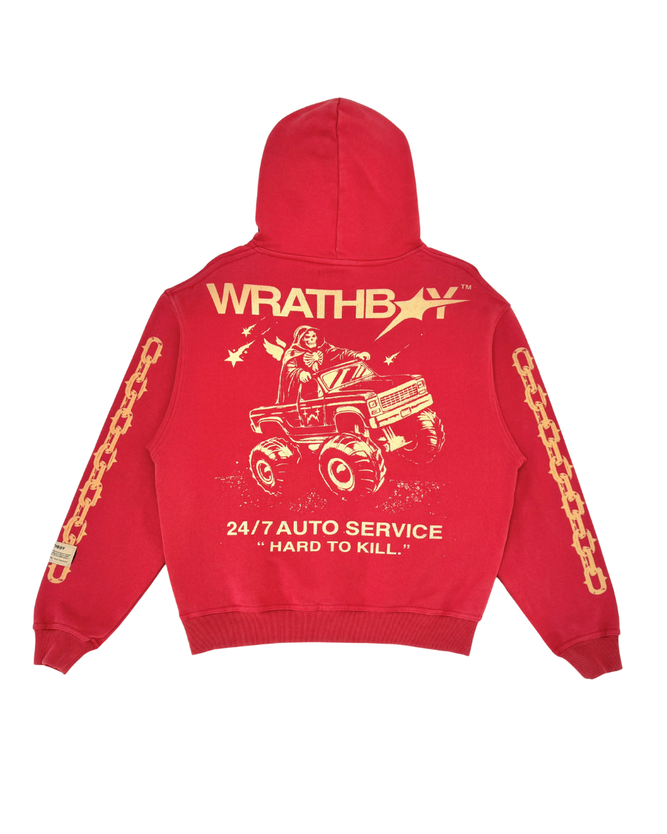 Red hoodie with 'Wrathboy' graphic design on a white background