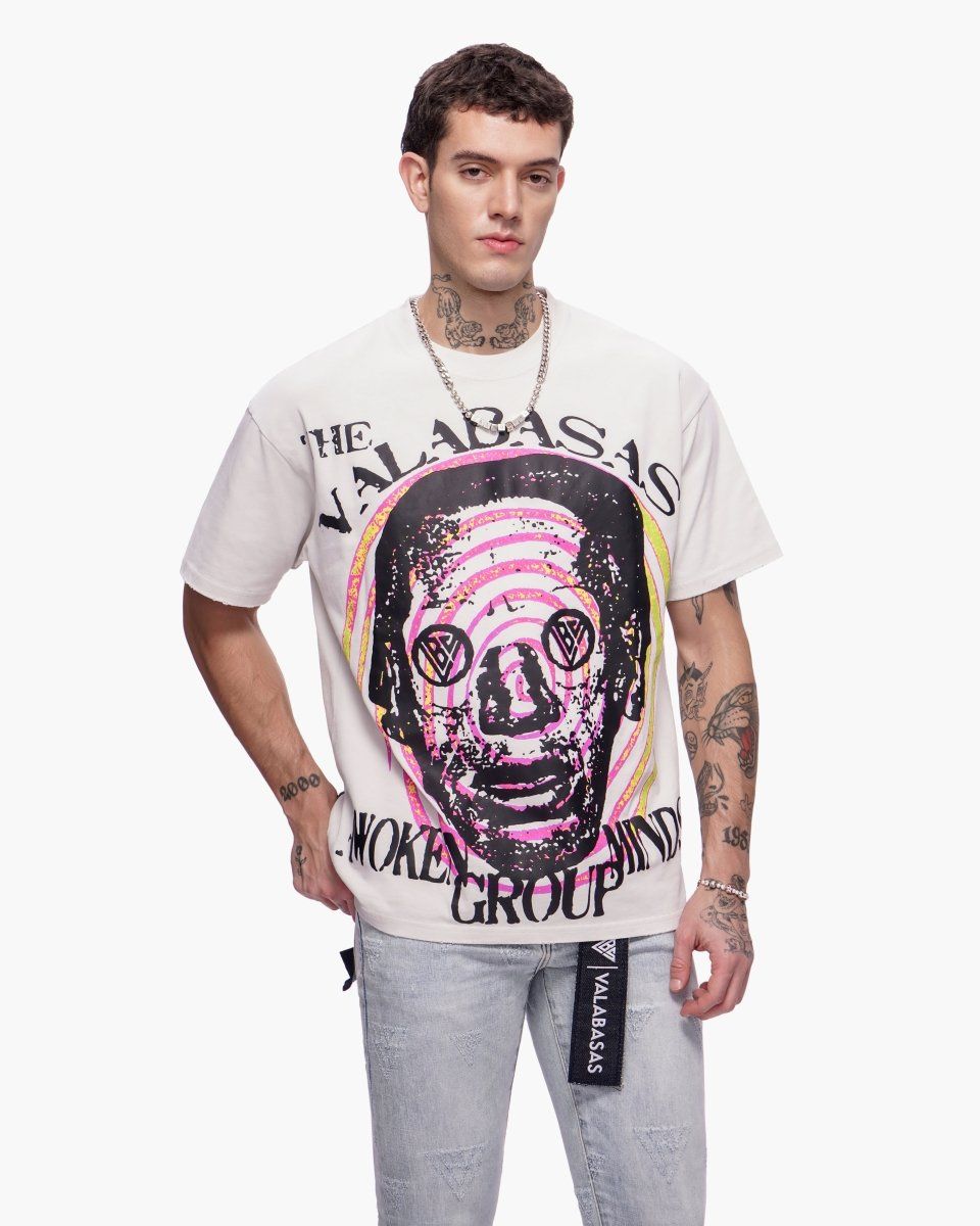 Man wearing a white t-shirt with graphic design and text on a white background