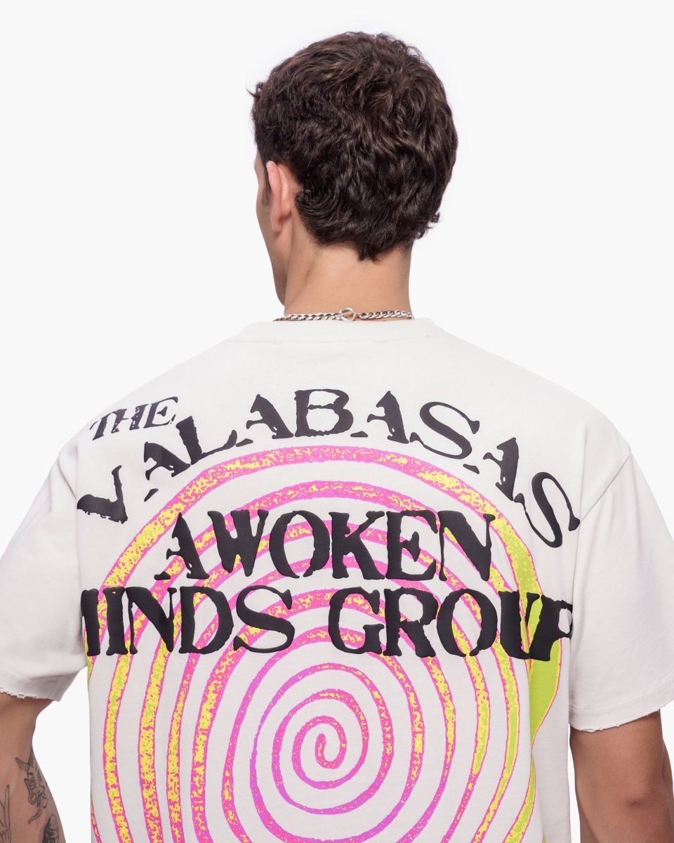 Person wearing a t-shirt with 'The Valabasas Awoken Minds Group' design on the back.