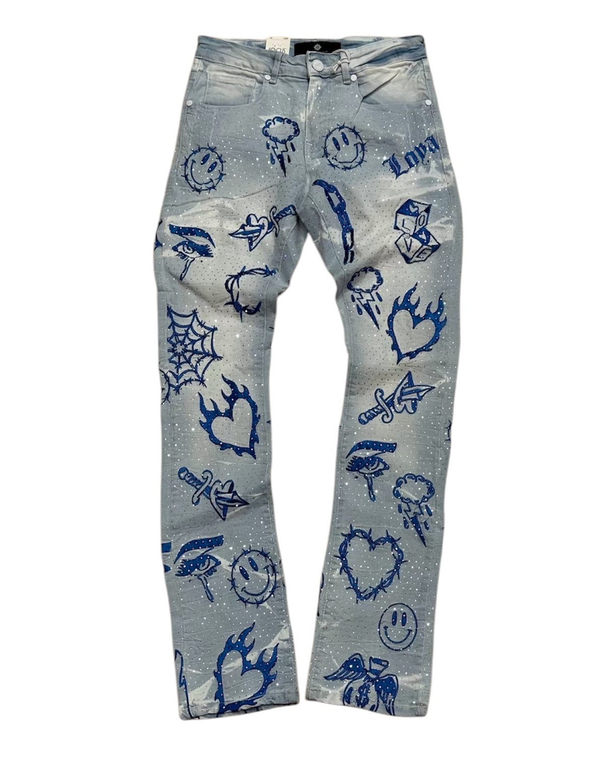 All Over EMB Stone Denim in ice blue color