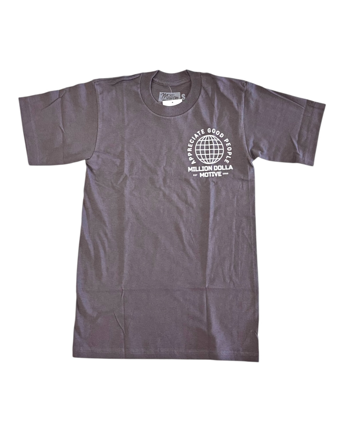 Front of dark grey tee by Million Dolla Motive with minimalist globe logo on chest, pairs well with neutral kicks