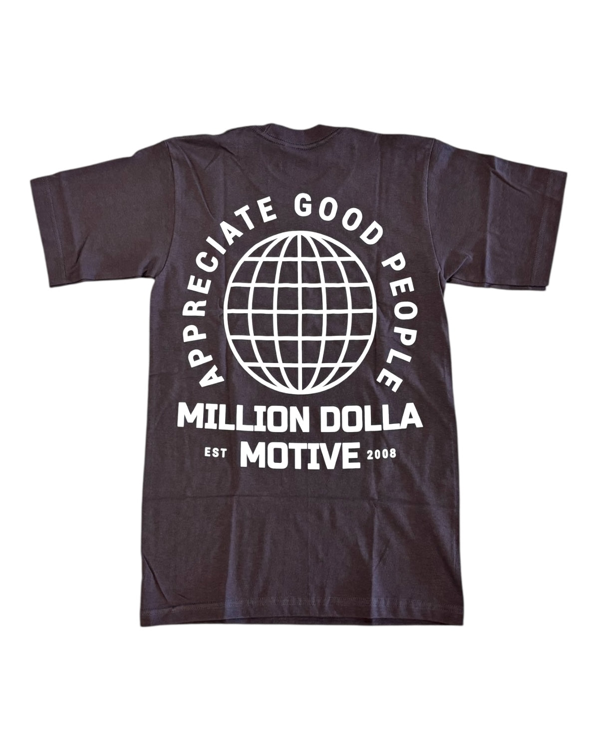 Back of dark grey Appreciate Good People T-shirt featuring white printed globe and streetwear branding