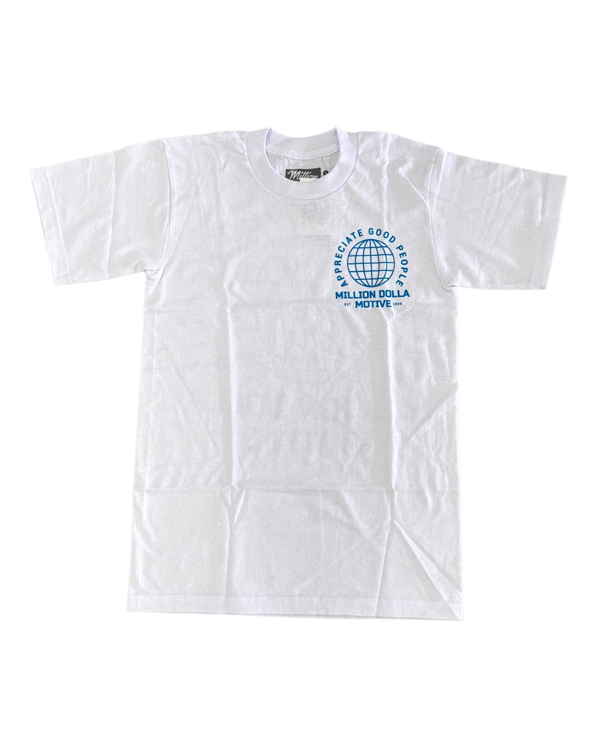 Front of white Appreciate Good People shirt with small chest print, designed to match laid-back sneaker fits