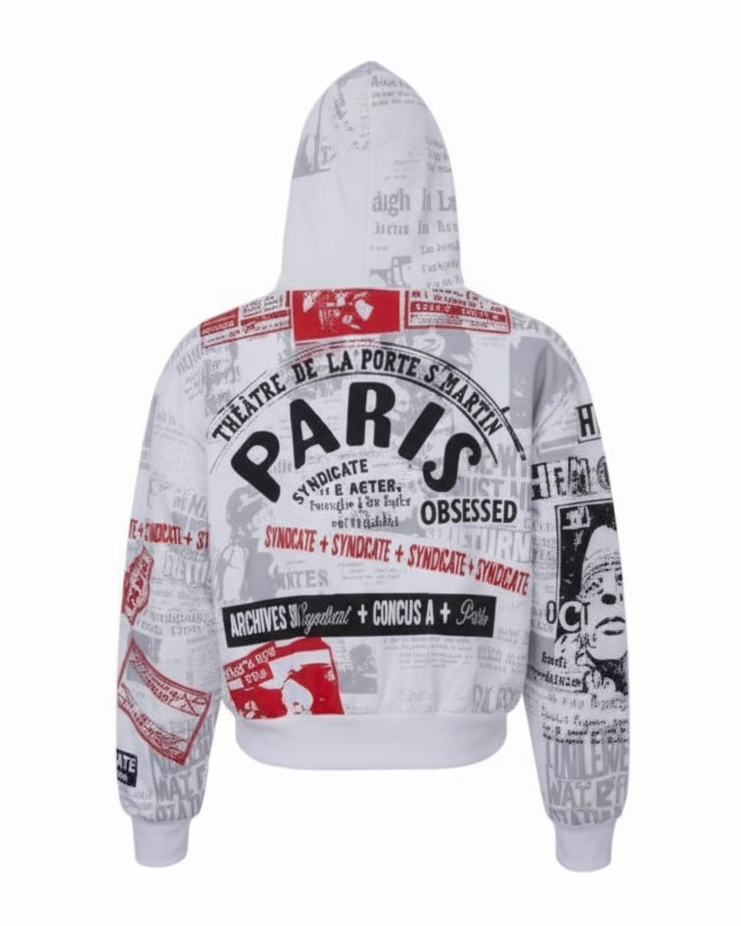 White hoodie with text and graphic designs on a white background