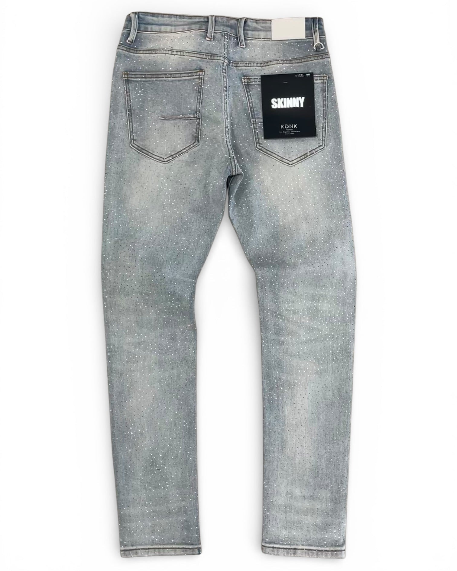 ICE BLUE RHIENSTONE jeans with a brand label on a white background