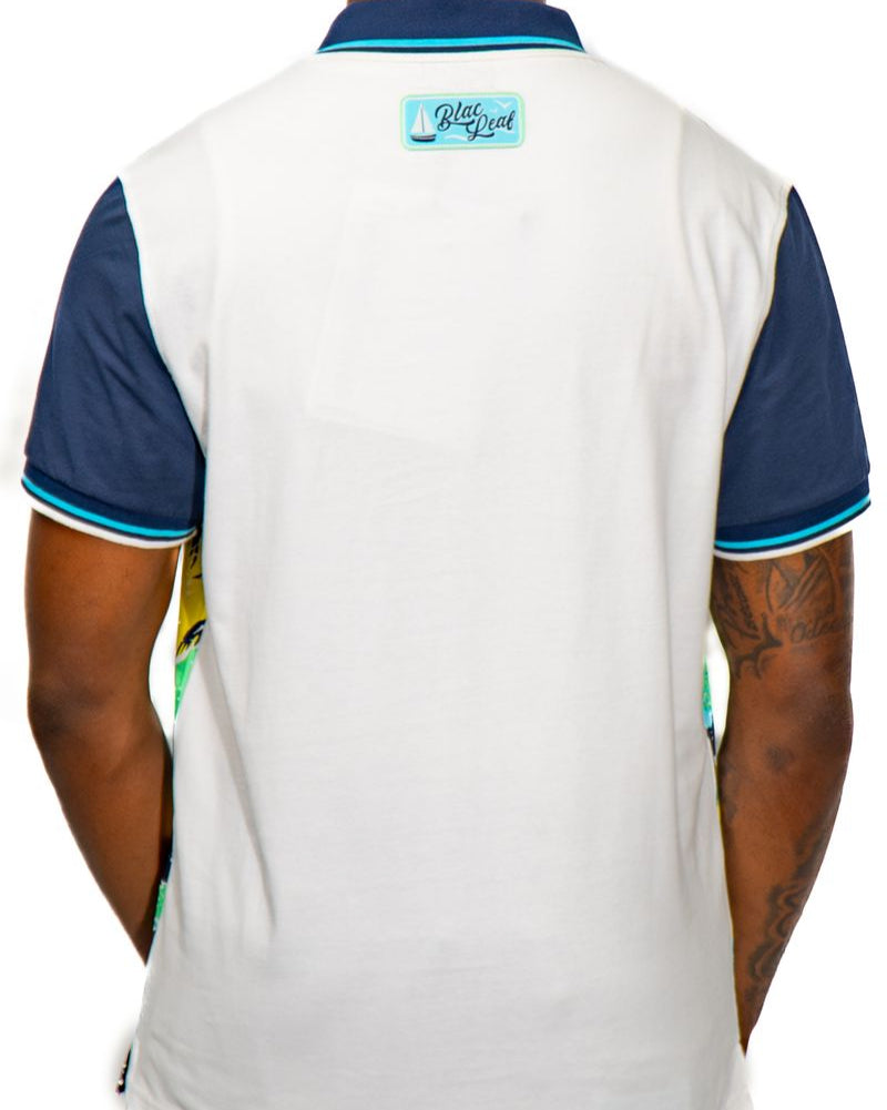 Blac leaf be better polo in white and navy