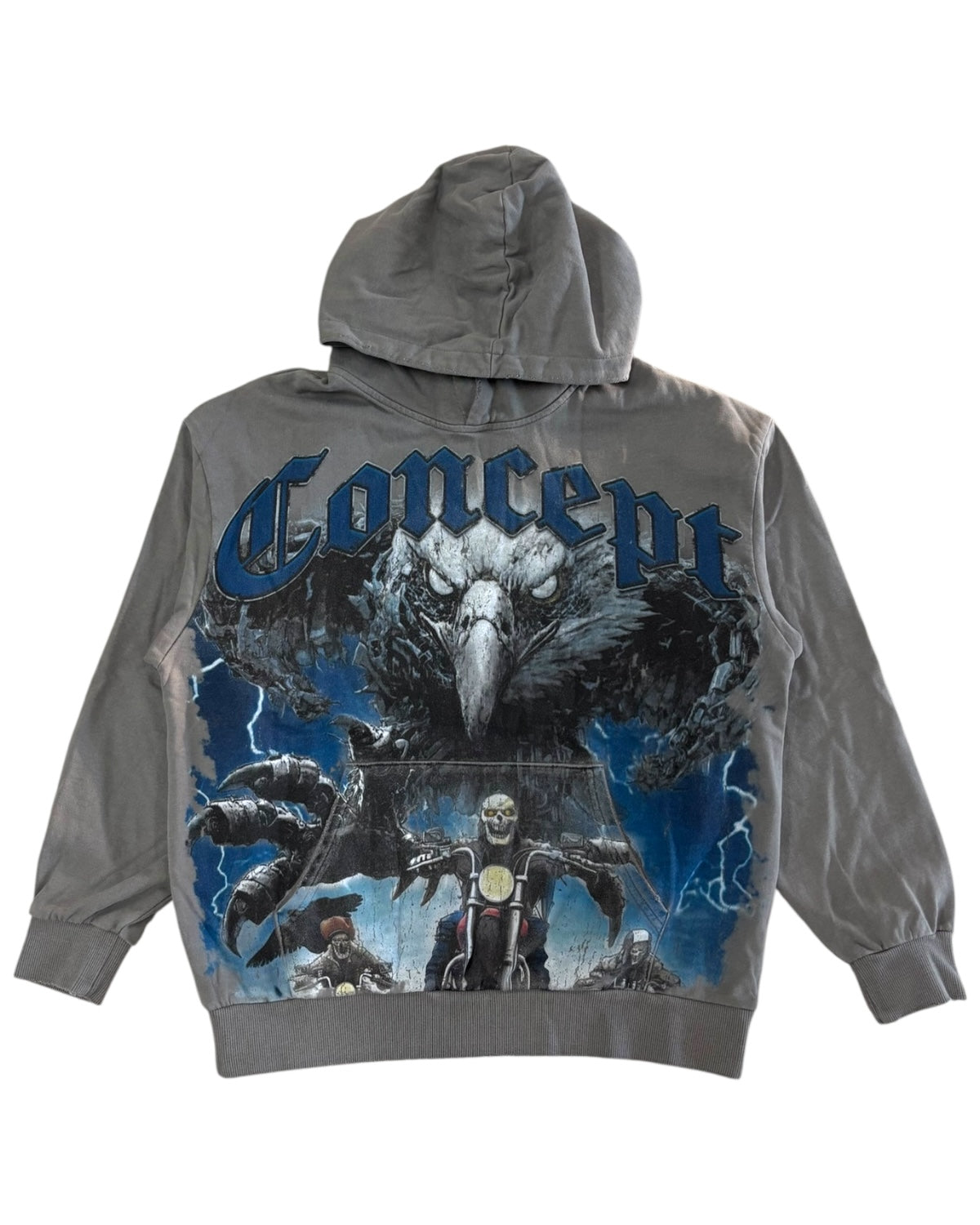 Gray hoodie with a graphic design of an eagle and text on the back, on a white background.