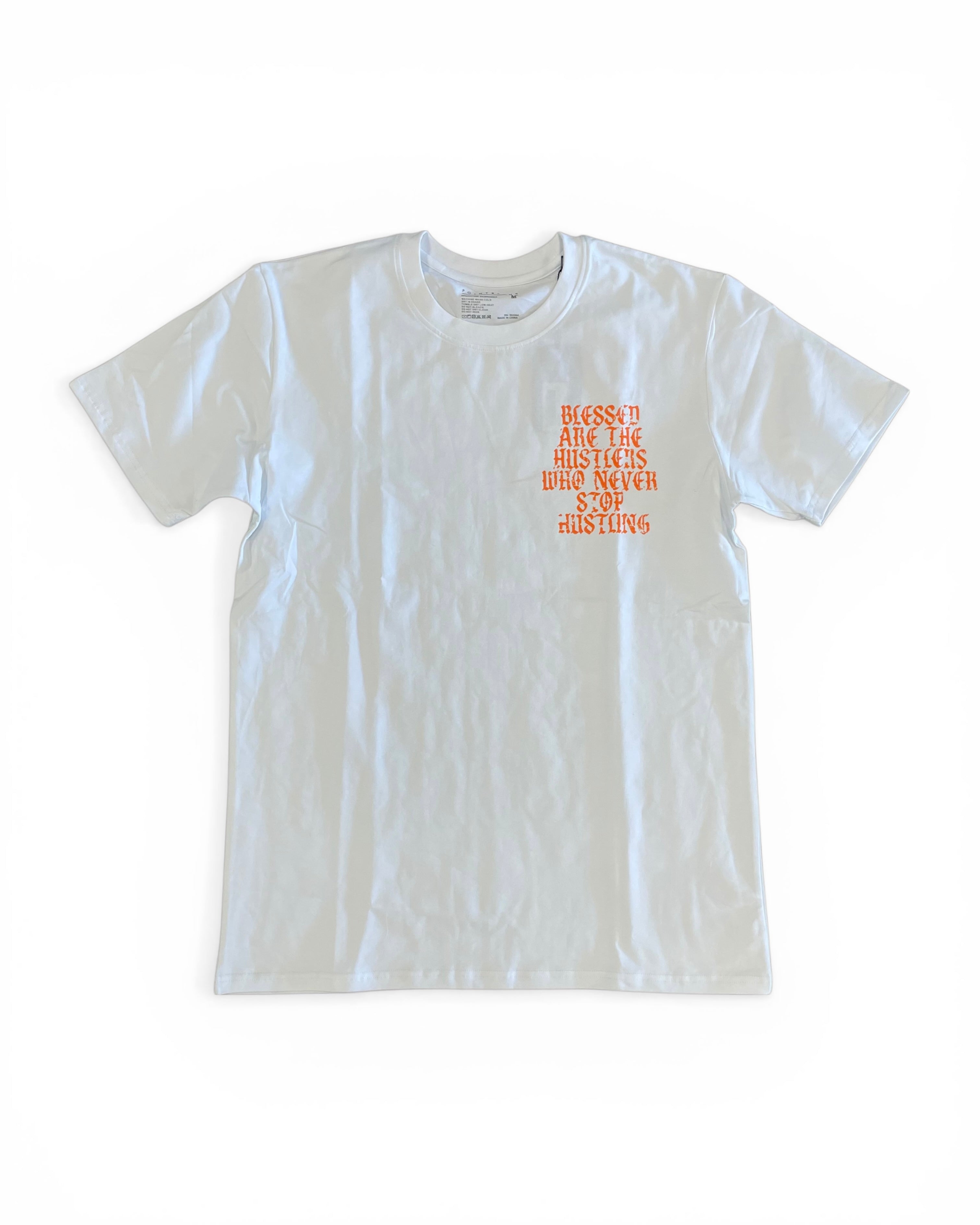 White t-shirt with red text on a white background