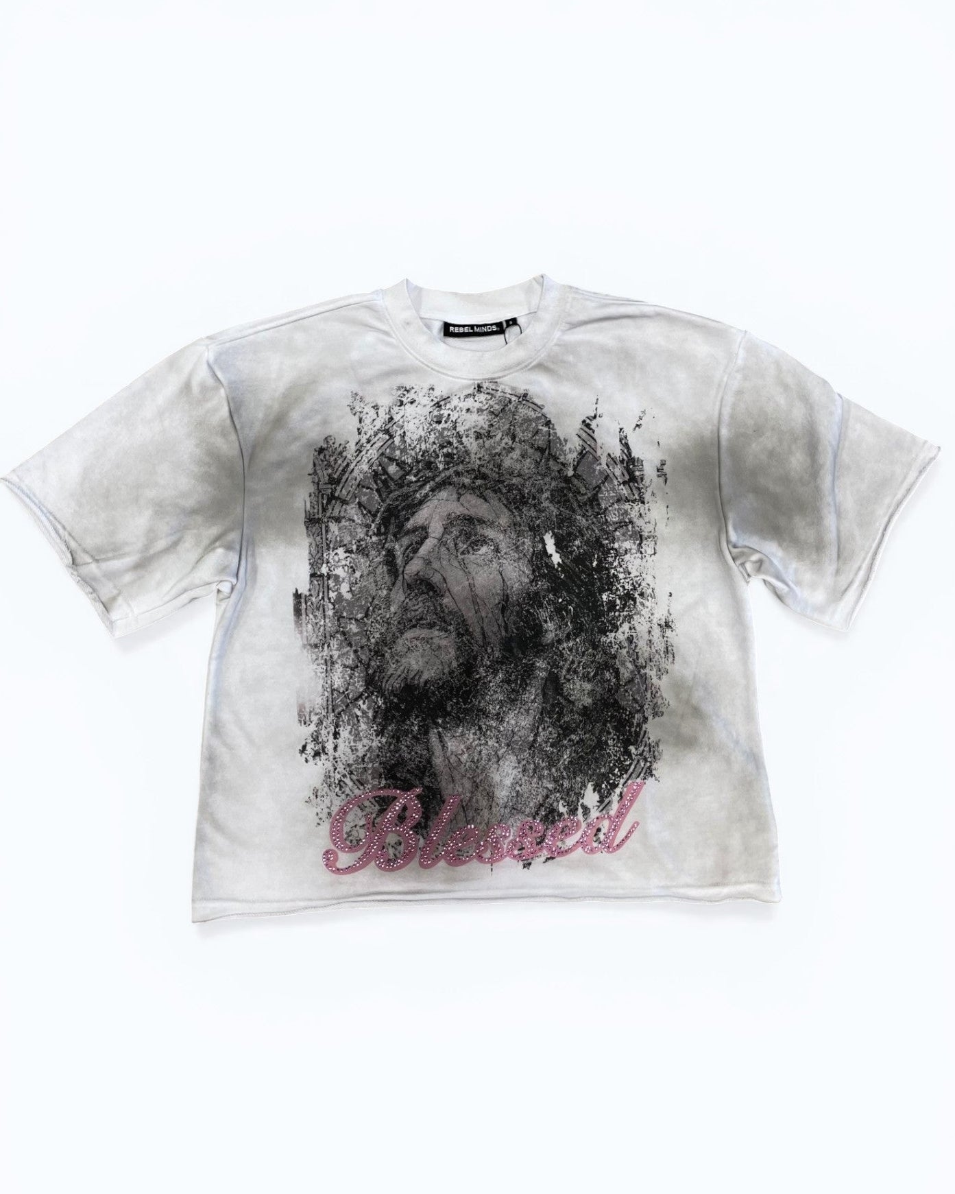 White t-shirt with black graphic design and 'Blessed' text on a white background