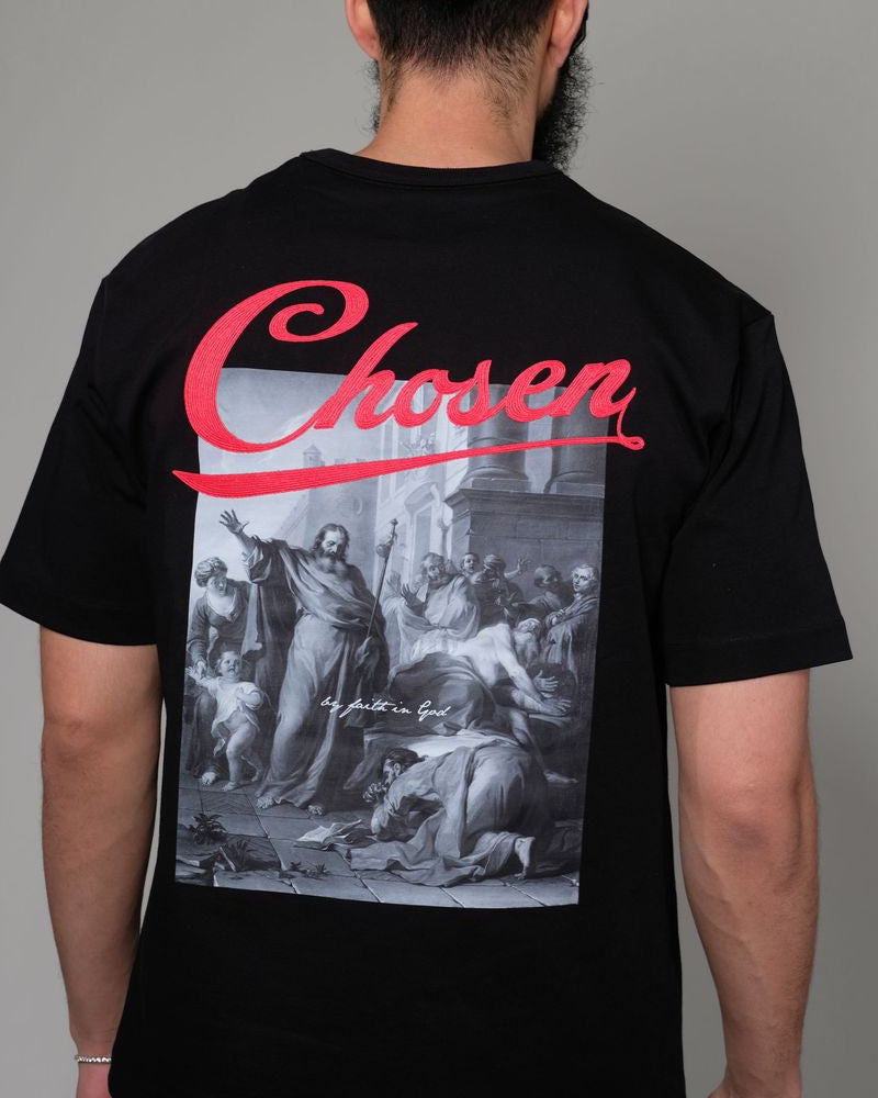Back of black Blessings Tee by Chosen showing grayscale religious artwork and scripture-inspired design
