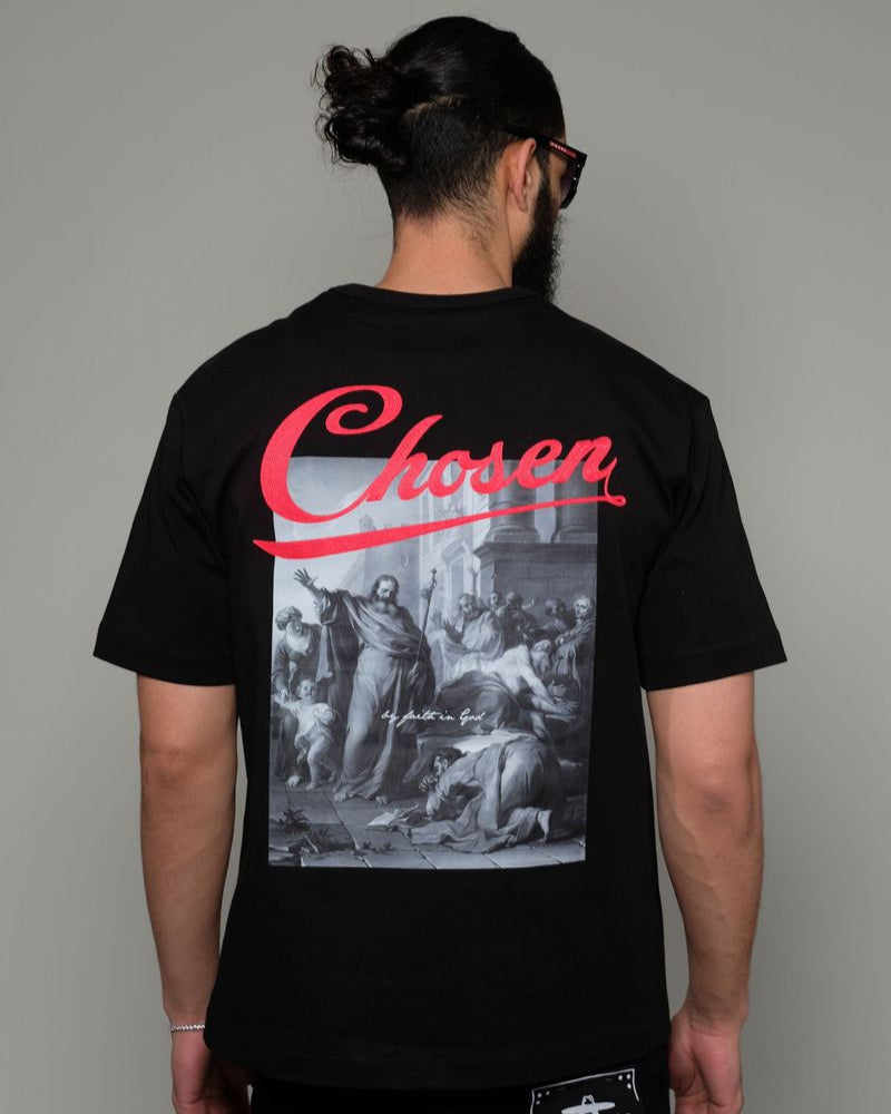 Back of black Blessings Tee by Chosen showing grayscale religious artwork and scripture-inspired design