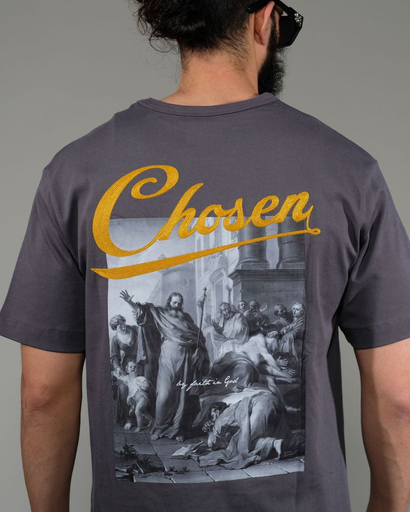 Slate Blessings Tee by Chosen with back religious scene and Chosen faith-based quote graphic