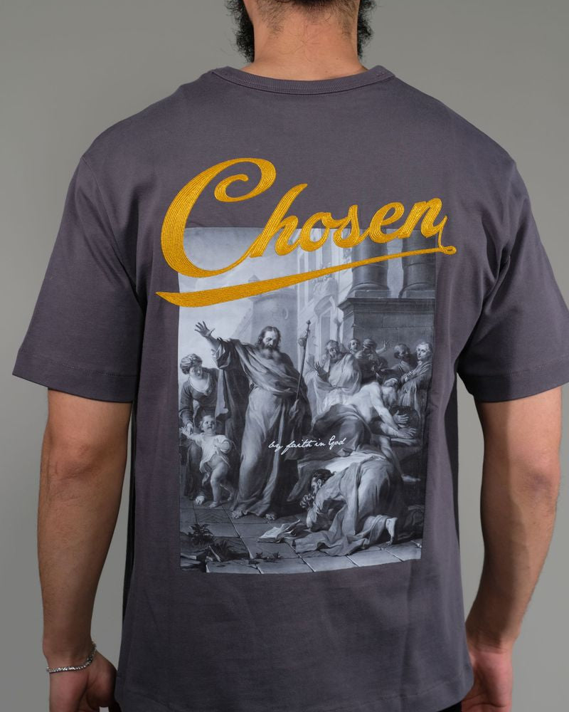 Slate Blessings Tee by Chosen with back religious scene and Chosen faith-based quote graphic